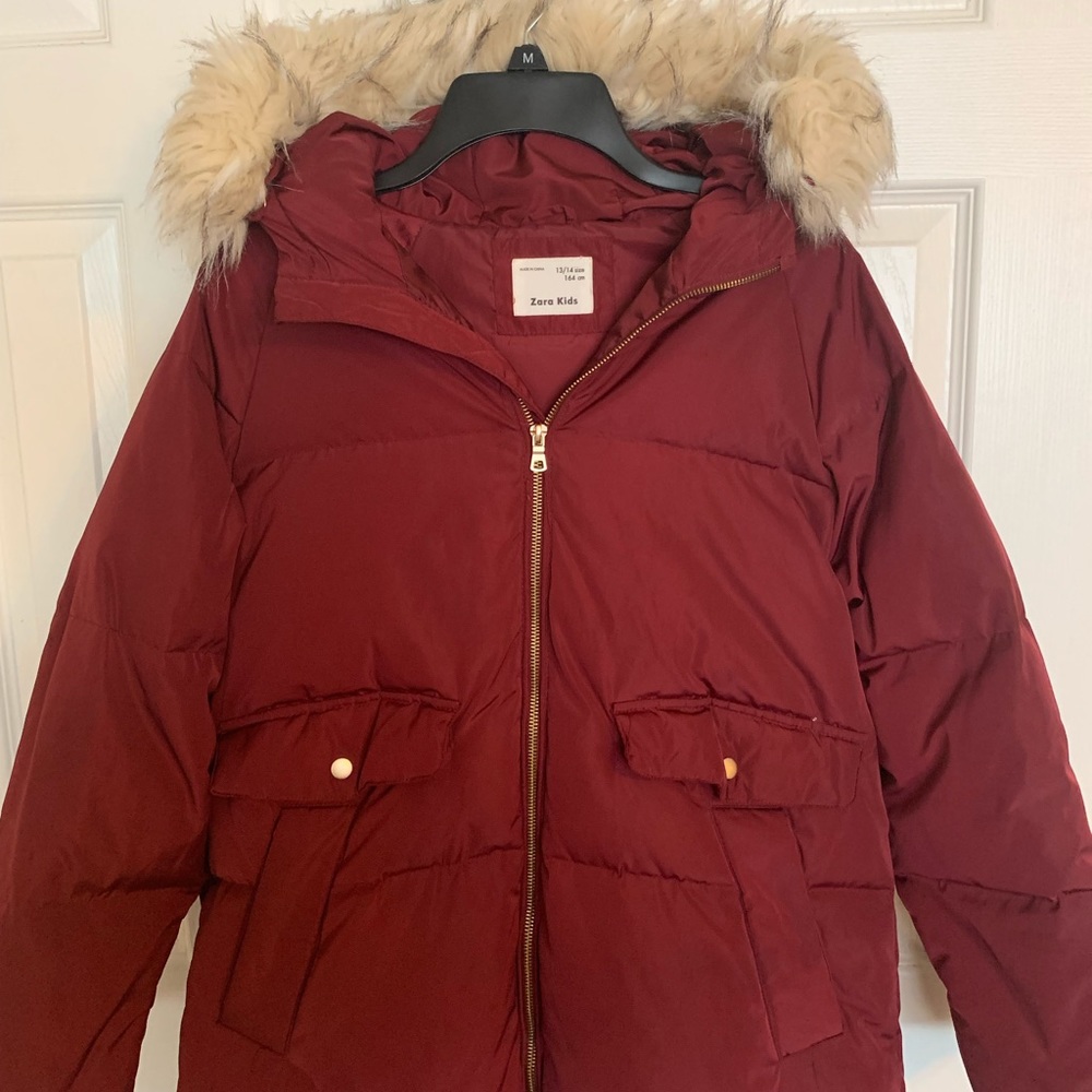 ZARA burgundy puffer coat youth size 13/14 gently used